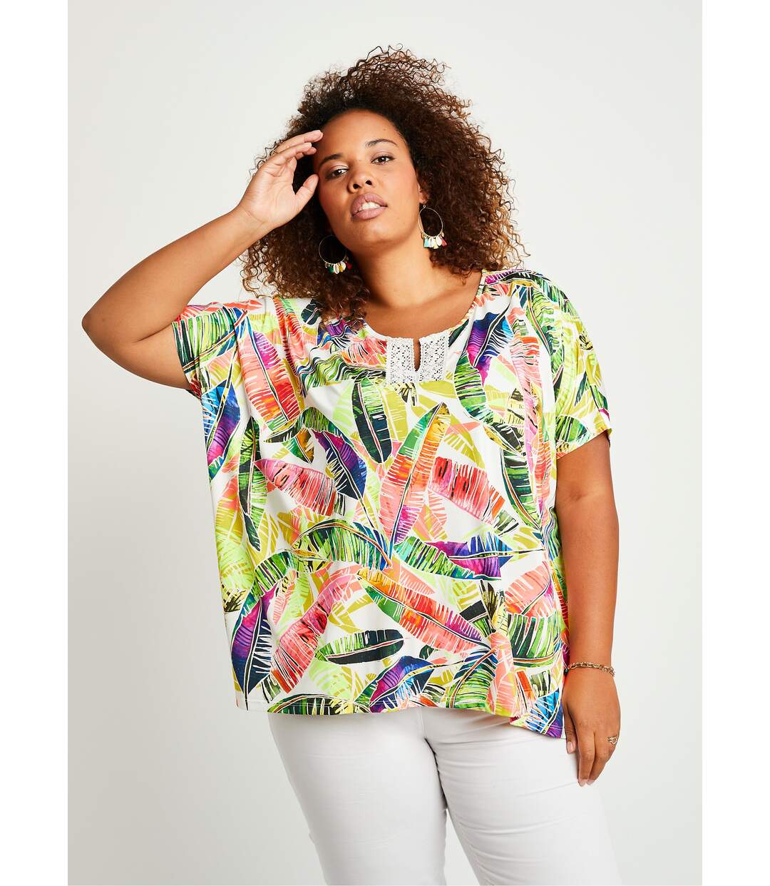 T-shirt long ample motif fluo dentelle-1