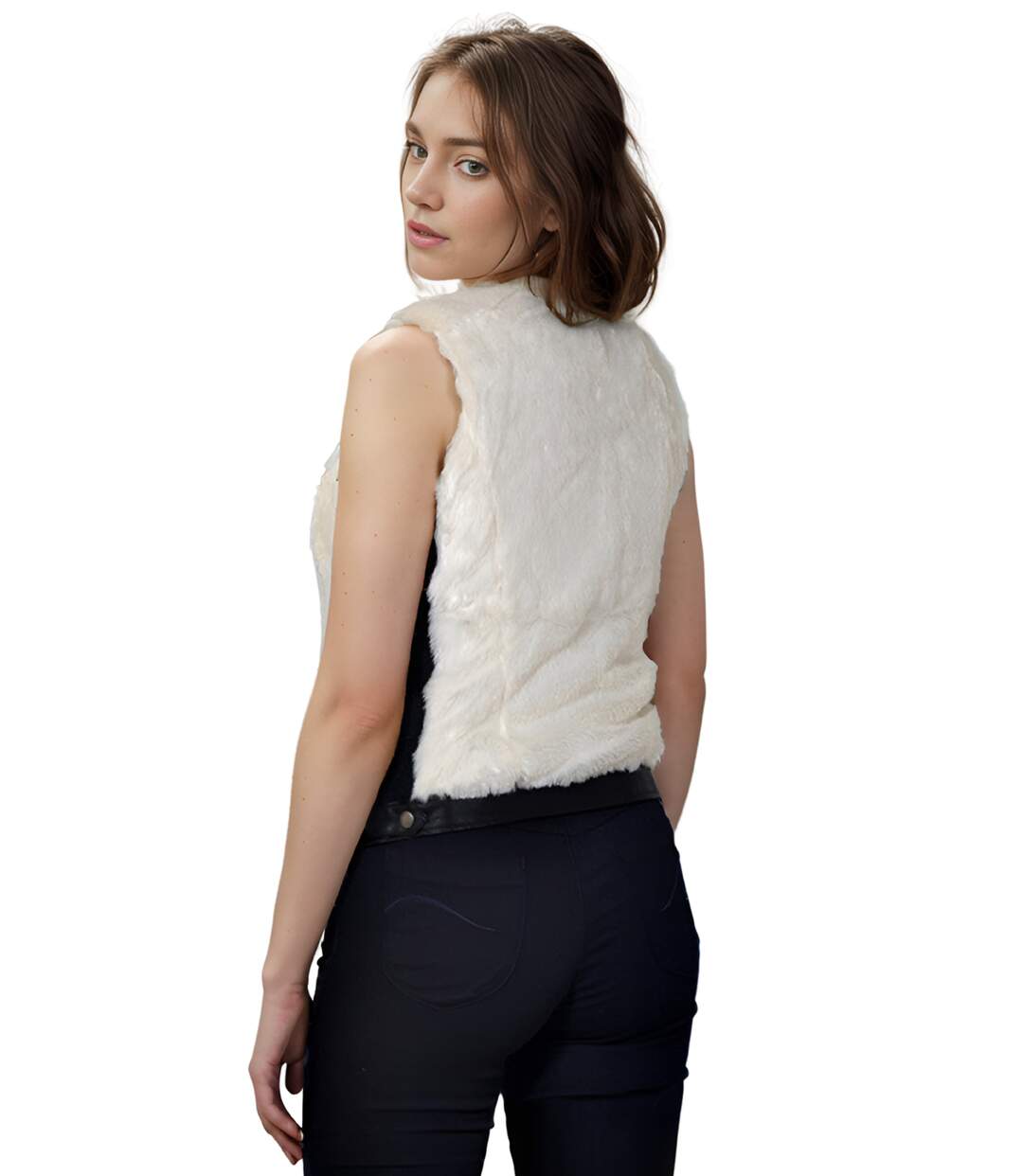 Gilet sans manche Femme Blanc Fourrure Synthétique Ajusté