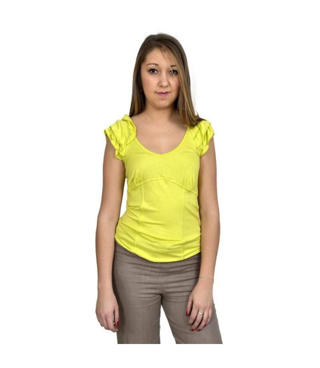 Tee shirt manches courtes femme de couleur jaune-1