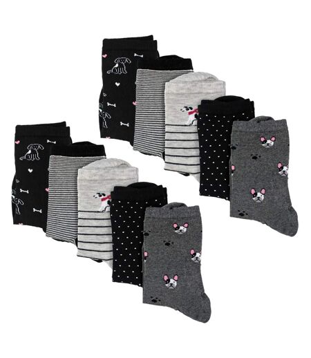 10 Pairs Ladies Dog Patterned Socks - Soft Cotton Rich Fun Dog Design Socks