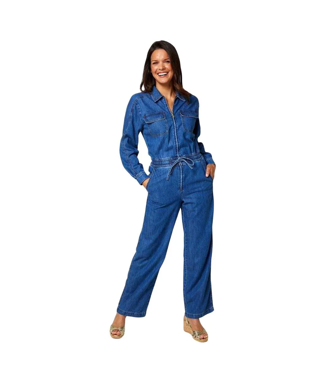 Womens/ladies Denim Loose Fit Long-sleeved Jumpsuit Blue Biba-2