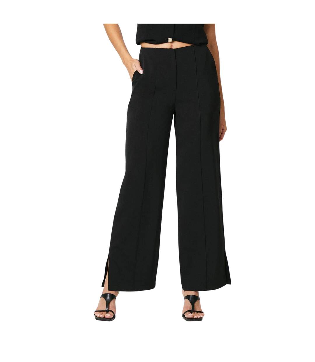 Womens/ladies side slit pintuck straight leg trousers black Principles