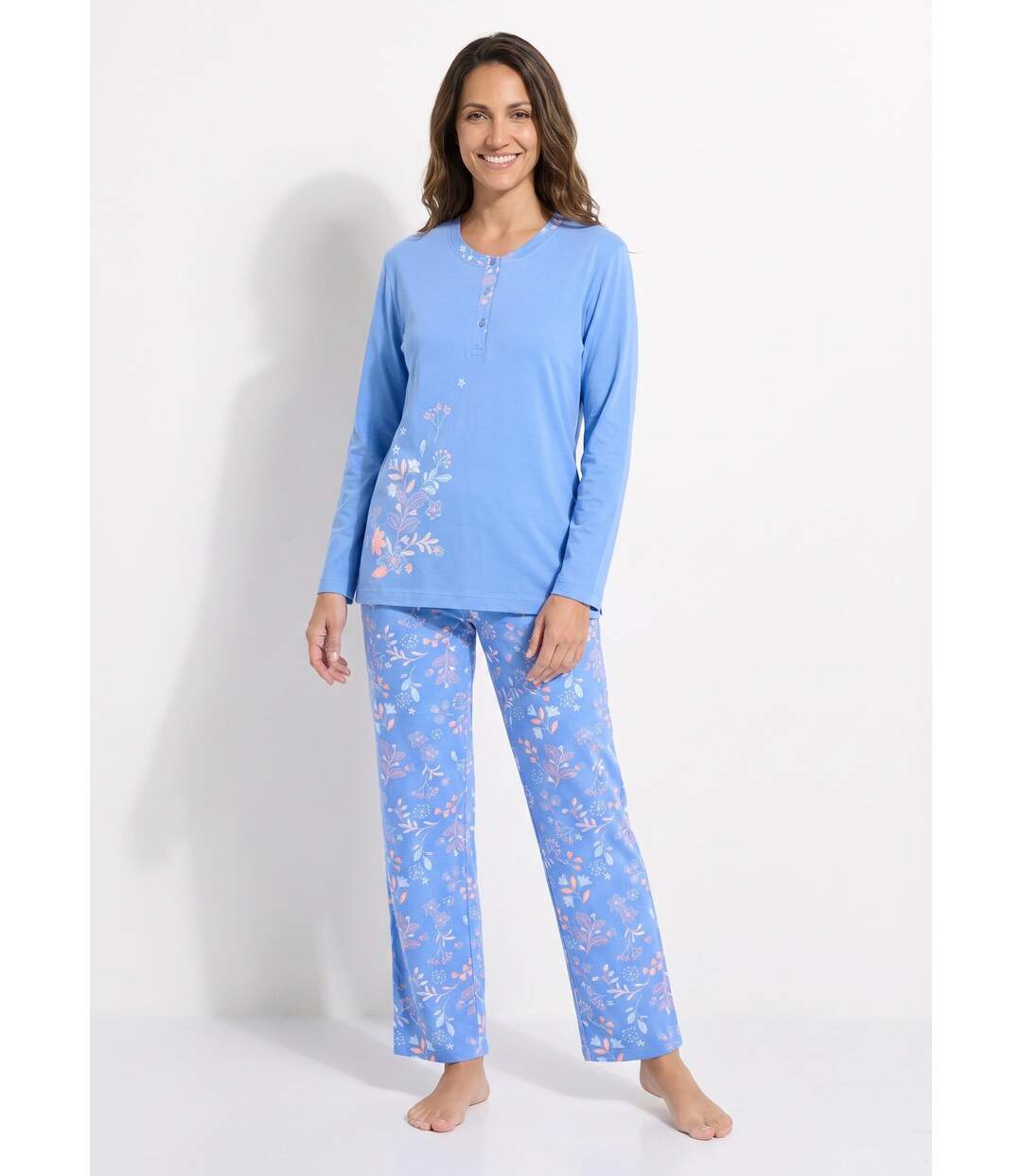 Pyjama manches longues coton uni fleuri-1