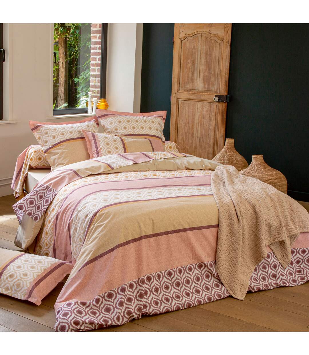 Taie de traversin 100% coton INOUK rose/beige-2