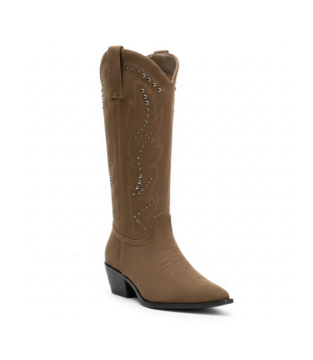 OZABI Bottes Santiag Femme Haute Tige Suédine Cloutée Talon Bloc 4 cm-1