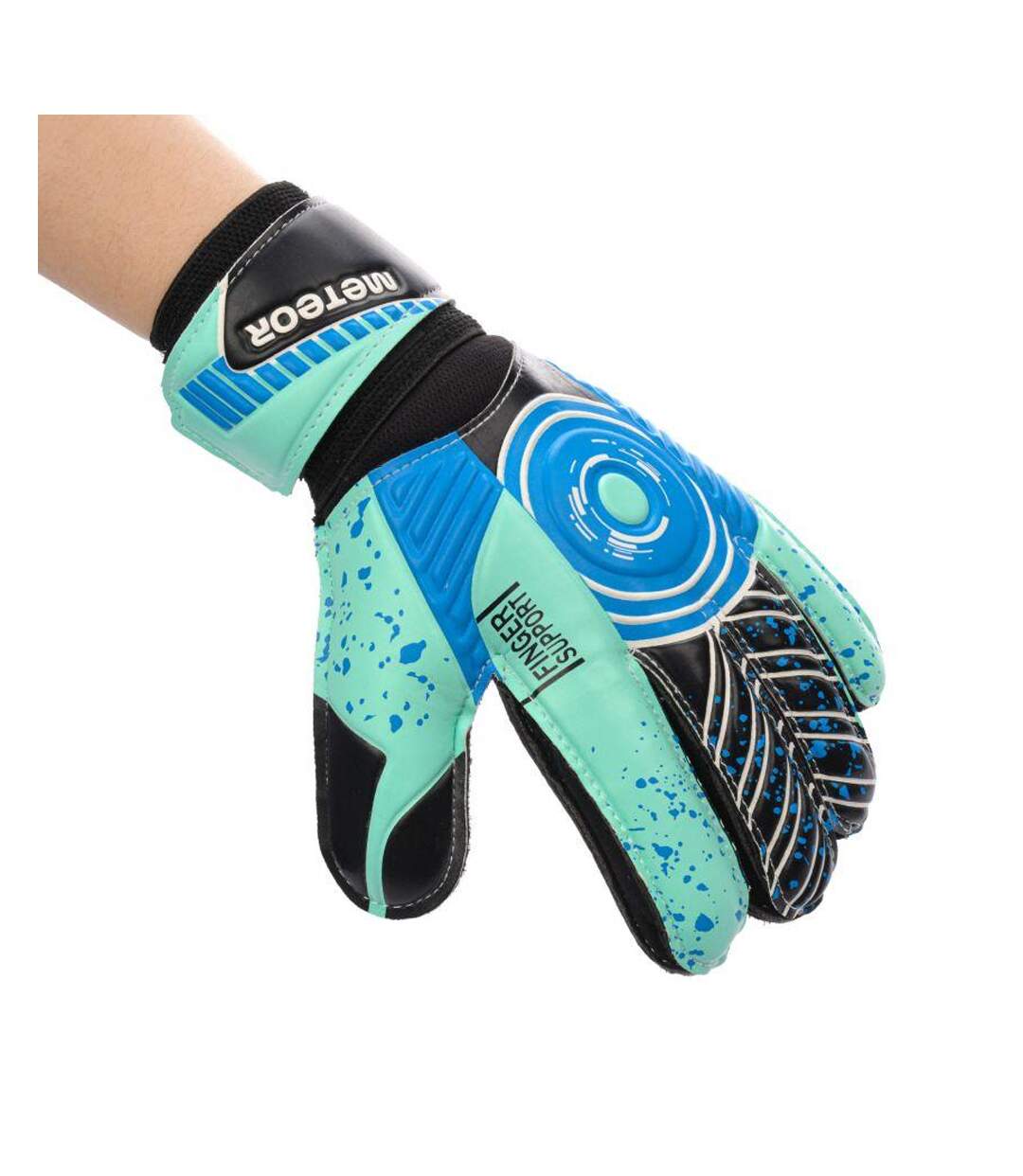 Childrens/kids Defense Logo Goalkeeper Gloves Black Teal Green Blue Meteor-3