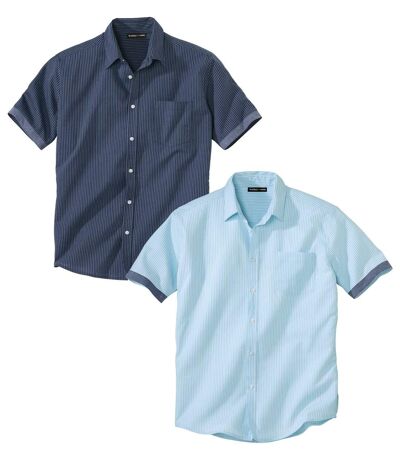 Pack of 2 Men's Striped Poplin Shirts - Navy Turquoise