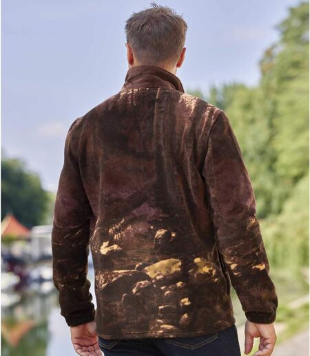 Men's Full Zip Wolf Print Fleece Jacket - Brown 
