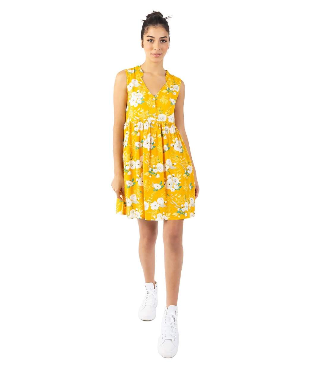 Robe courte babydoll ALEXA imprimé fleuri jaune Coton Du Monde