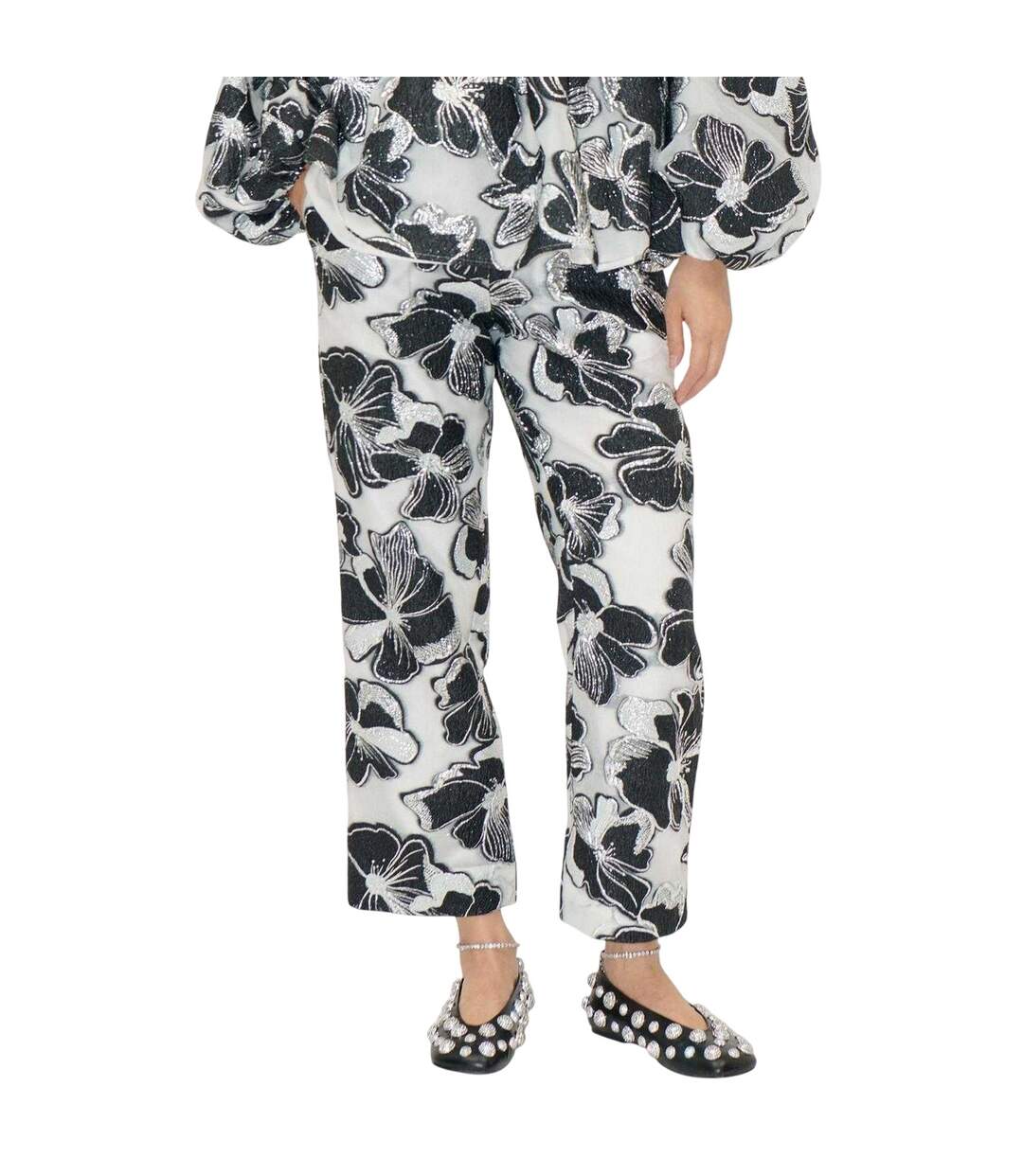 Pantalon Officiel Motif/style Floral Femme Blanc Noir Stine Goya-1