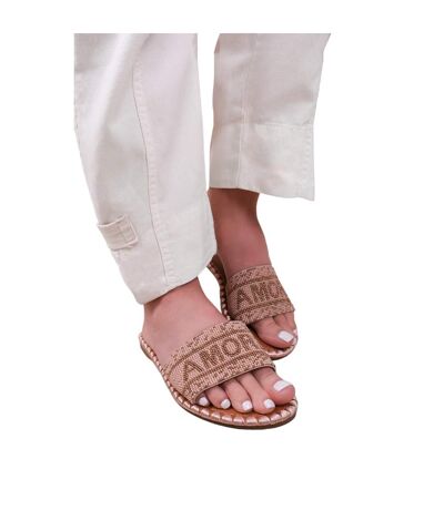 Womens/ladies note text straps beaded flat sandals beige Where´s That From