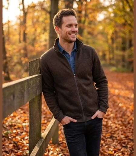 Cardigan Zippé Polaire Tricot Marron - Col Montant & Coudières
