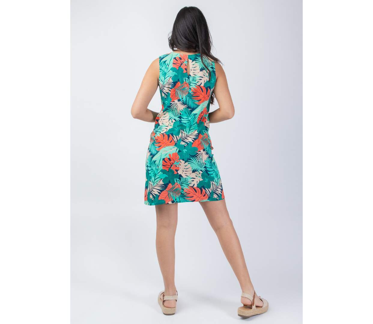 Robe courte sans manches coton femme CHRISTINA motif feuillage Coton Du Monde-4