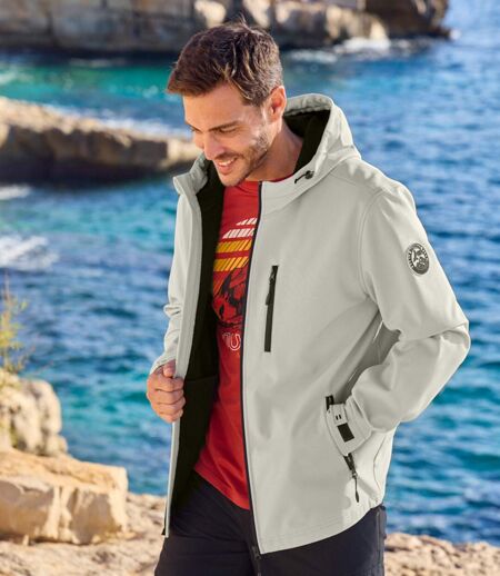 Men's Beige Hooded Softshell Jacket - Water-Repellent