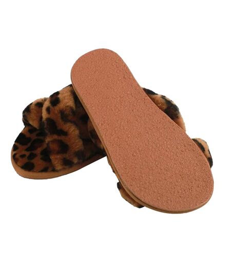 Womens/ladies delilah leopard print sheepskin slippers brown/black Eastern Counties Leather