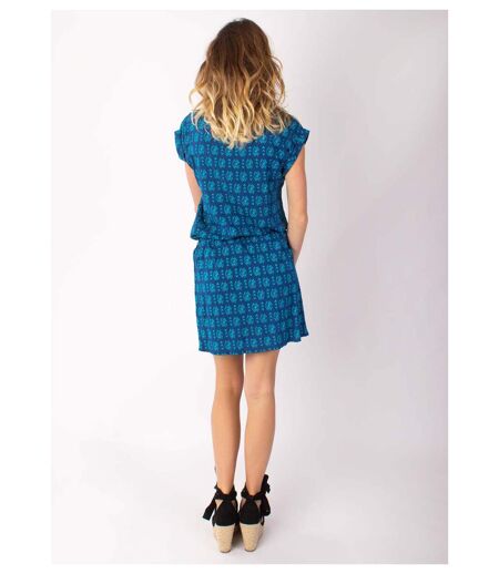 Robe courte fluide SALMA imprimé ethnique bleu Coton Du Monde