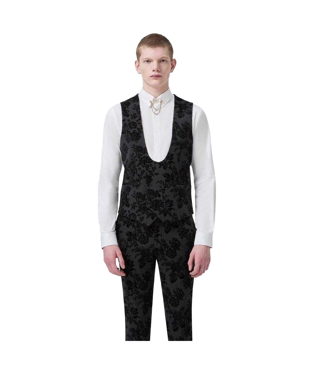 Mens Floral Embroidery Wool Blend Skinny Waistcoat Charcoal Twisted Tailor-2