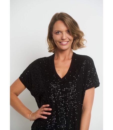 T-shirt col V en résille avec sequins