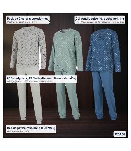 OZABI Ensemble Pyjama Homme Long Pack de 3, Haut Imprimé Col Boutonné