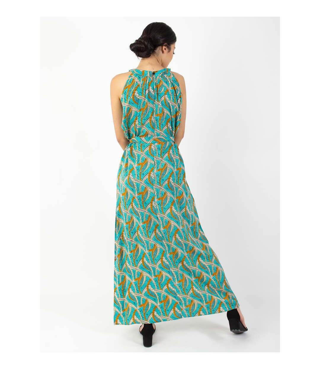 Robe longue col licou FRIDA imprimé ethnique bleu Coton Du Monde