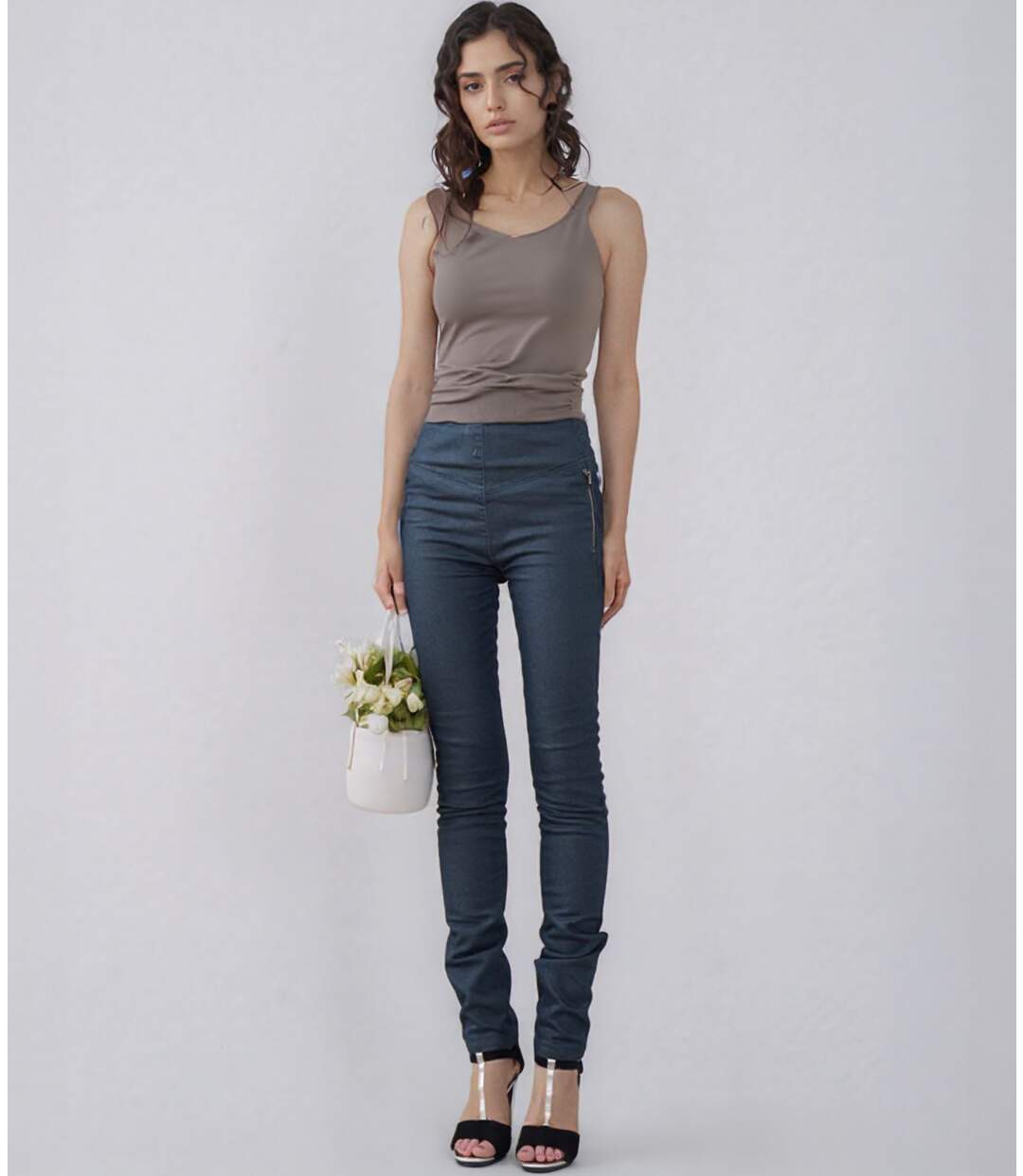 Pantalon femme taille haute coupe slim Bleu nuit - 5 poches, coton stretch-5