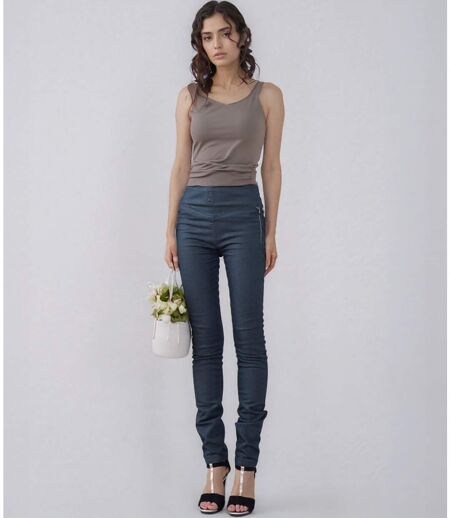 Pantalon femme taille haute coupe slim Bleu nuit - 5 poches, coton stretch