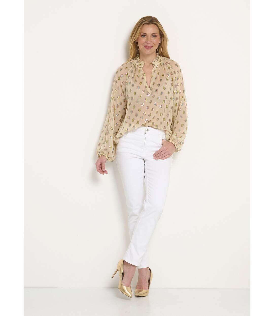 Blouse voile motifs métallisés encolure V-3