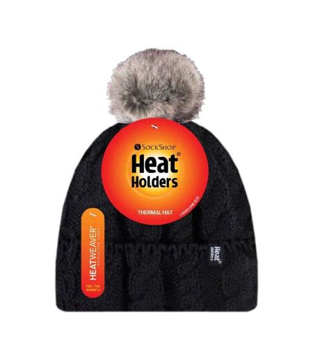 Ladies Cable Knit Fleece Lined Thermal Winter Bobble Hat with Pom Pom