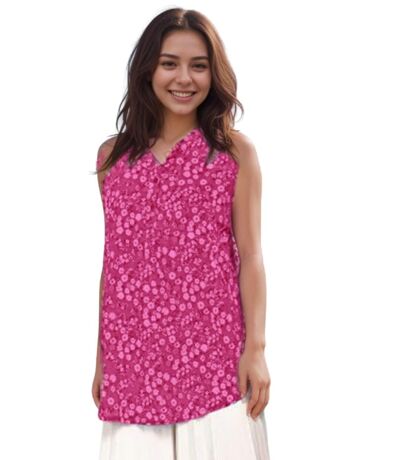 Tunique estivale fleurie sans manches - Col rond rose pour femme - Style décontracté
