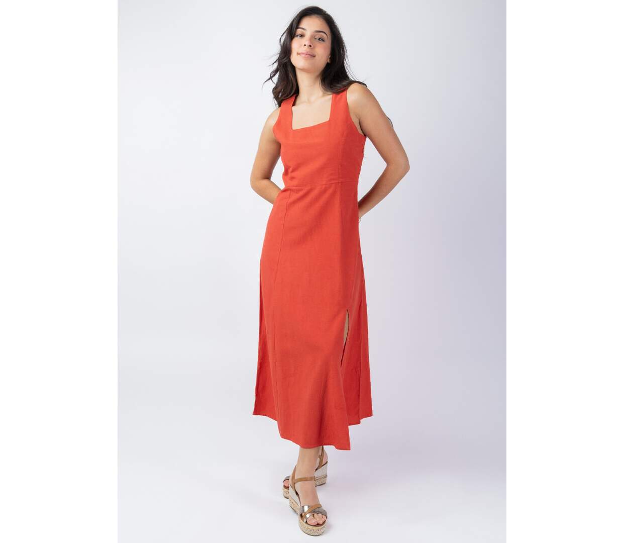 Robe longue sans manches JULINE unie terracotta Coton Du Monde-2
