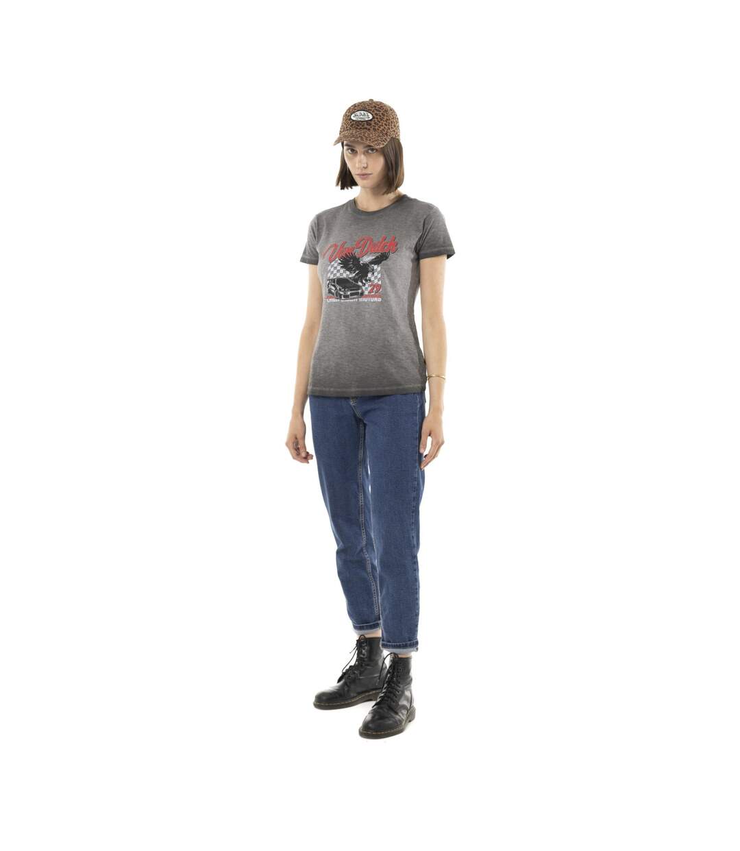 T-shirt femme uni flammé à col rond et print devant Fast Vondutch-4