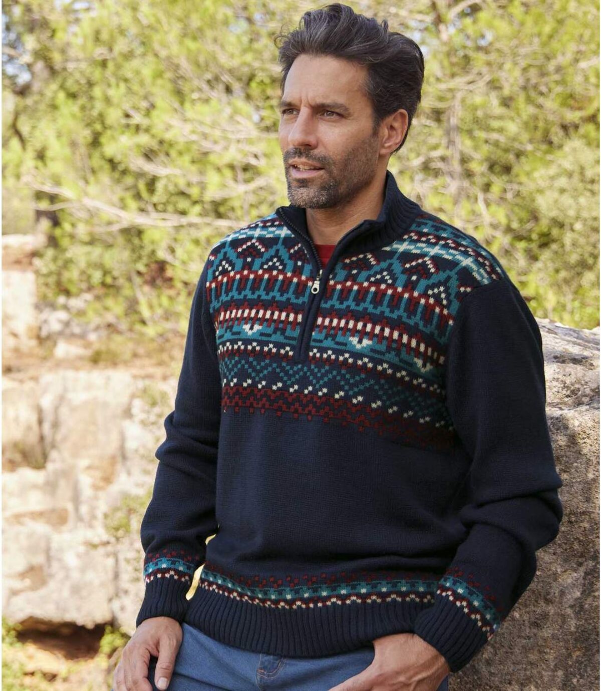 Sweter z wykładanym kołnierzem w żakardowe wzory Navajo Atlas For Men