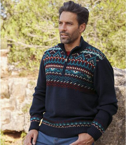 Men's Navy Patterned Half Zip Sweater