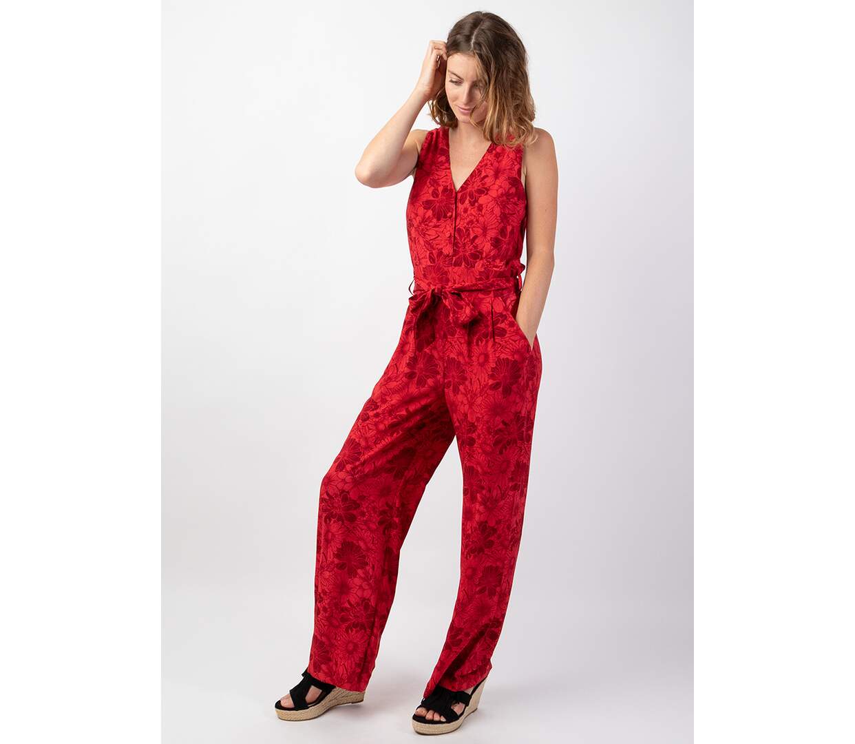 Combi Pantalon femme habillé PAULY rouge motif floral Coton Du Monde-4