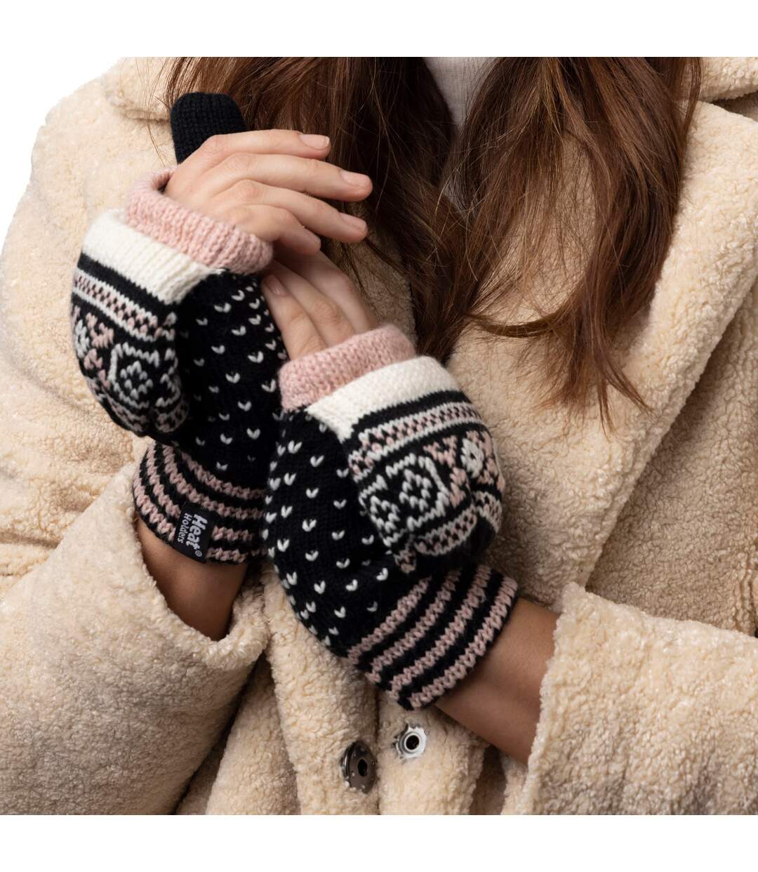 Ladies Warm Fairisle Patterned Thermal Fingerless Converter Gloves-5