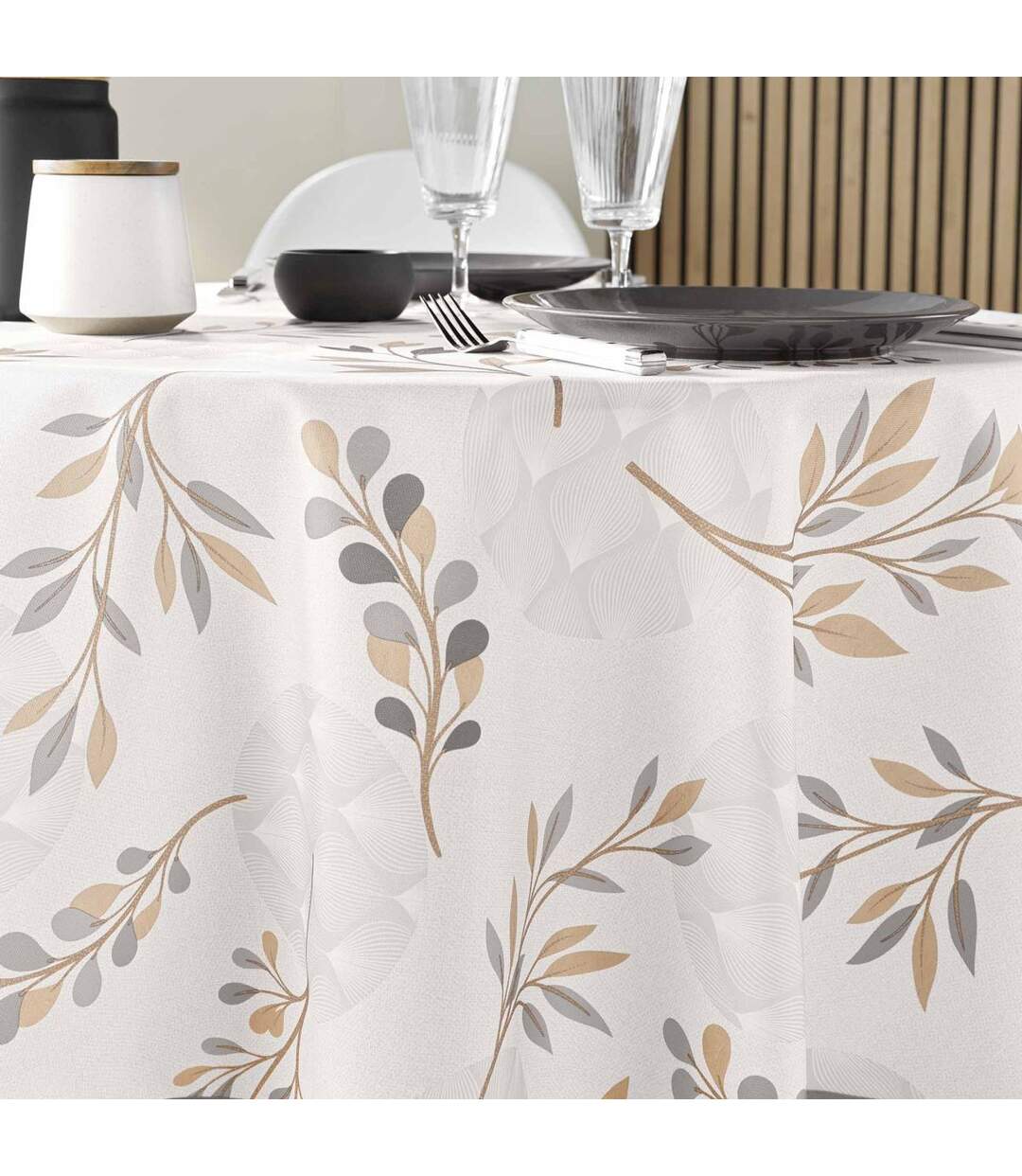 Nappe Ronde Antitache Imprimé Manola 180cm Naturel-2