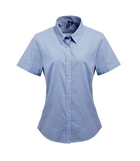 Premier Womens/Ladies Microcheck Short Sleeve Cotton Shirt (Light Blue/White)