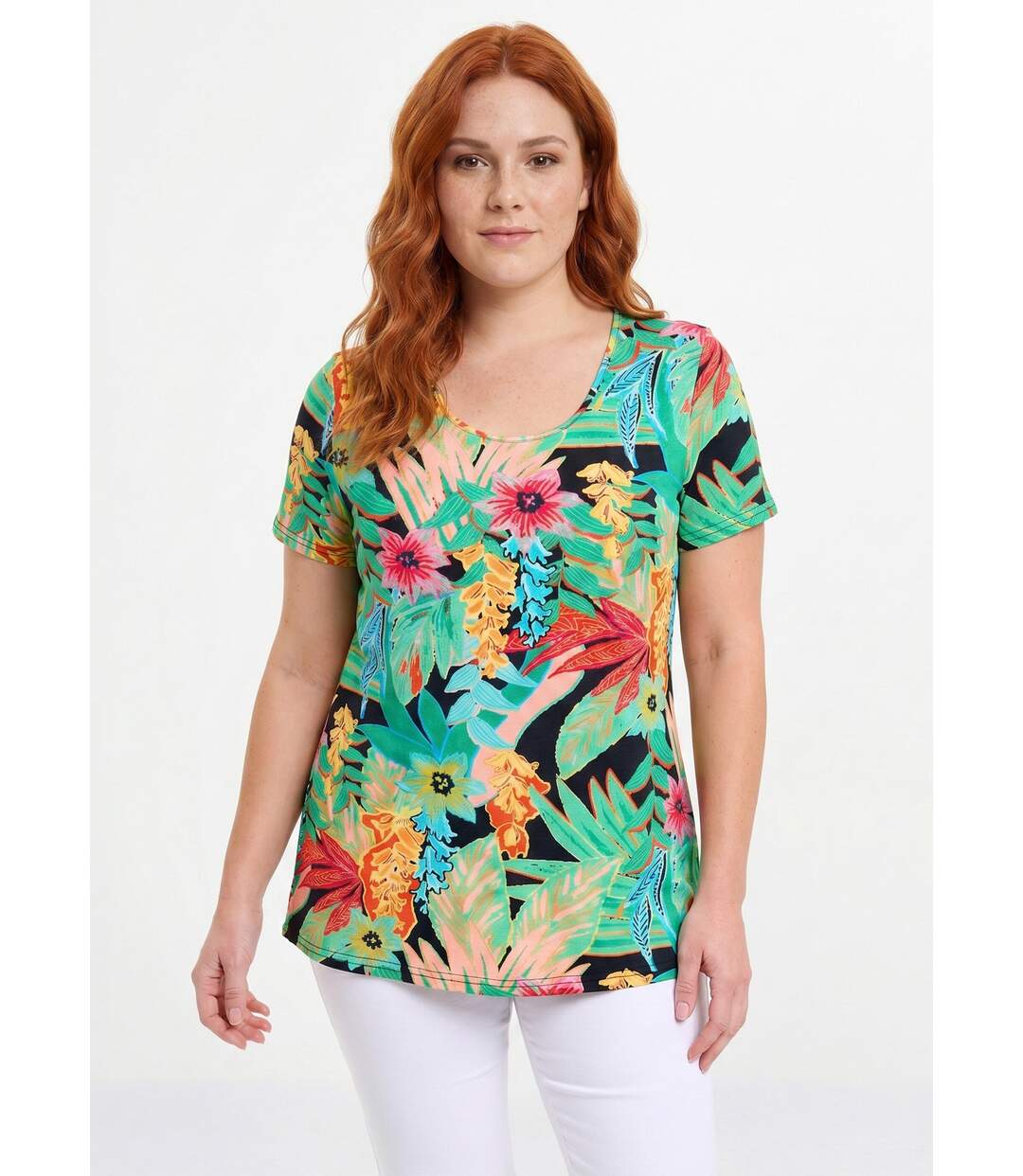 T-shirt long col rond imprimé exotique manches courtes-1