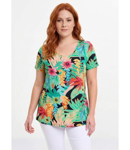 T-shirt long col rond imprimé exotique manches courtes