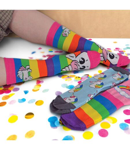 3 Pack Ladies Striped Colourful Novelty Rainbow Unicorn Socks