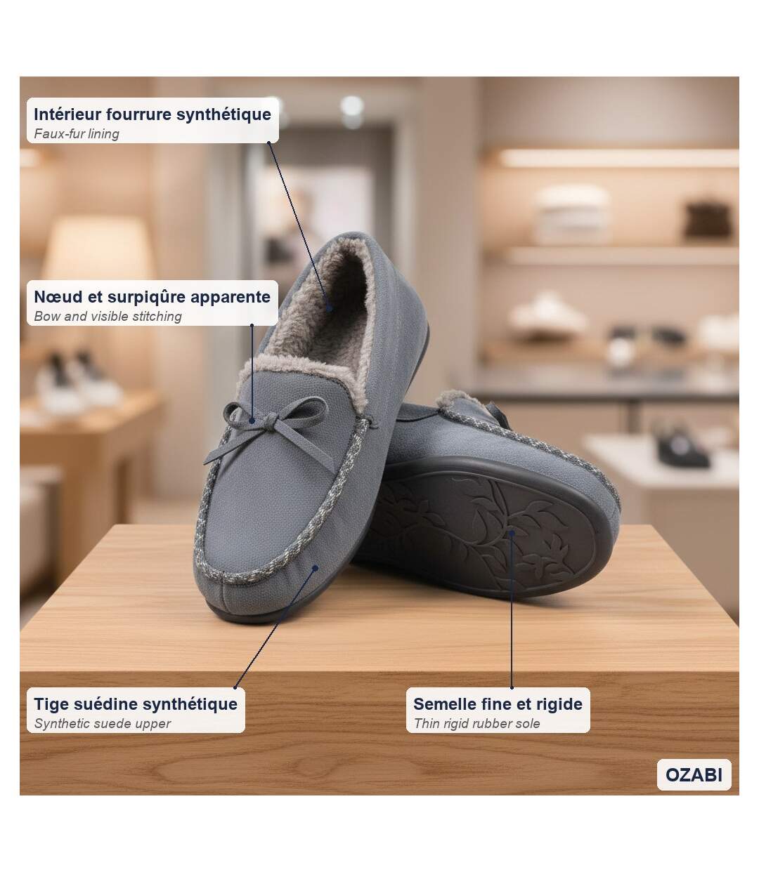 OZABI Chaussons Femme Fermés, Suédine Unie, Nœud, Intérieur Fourré-4