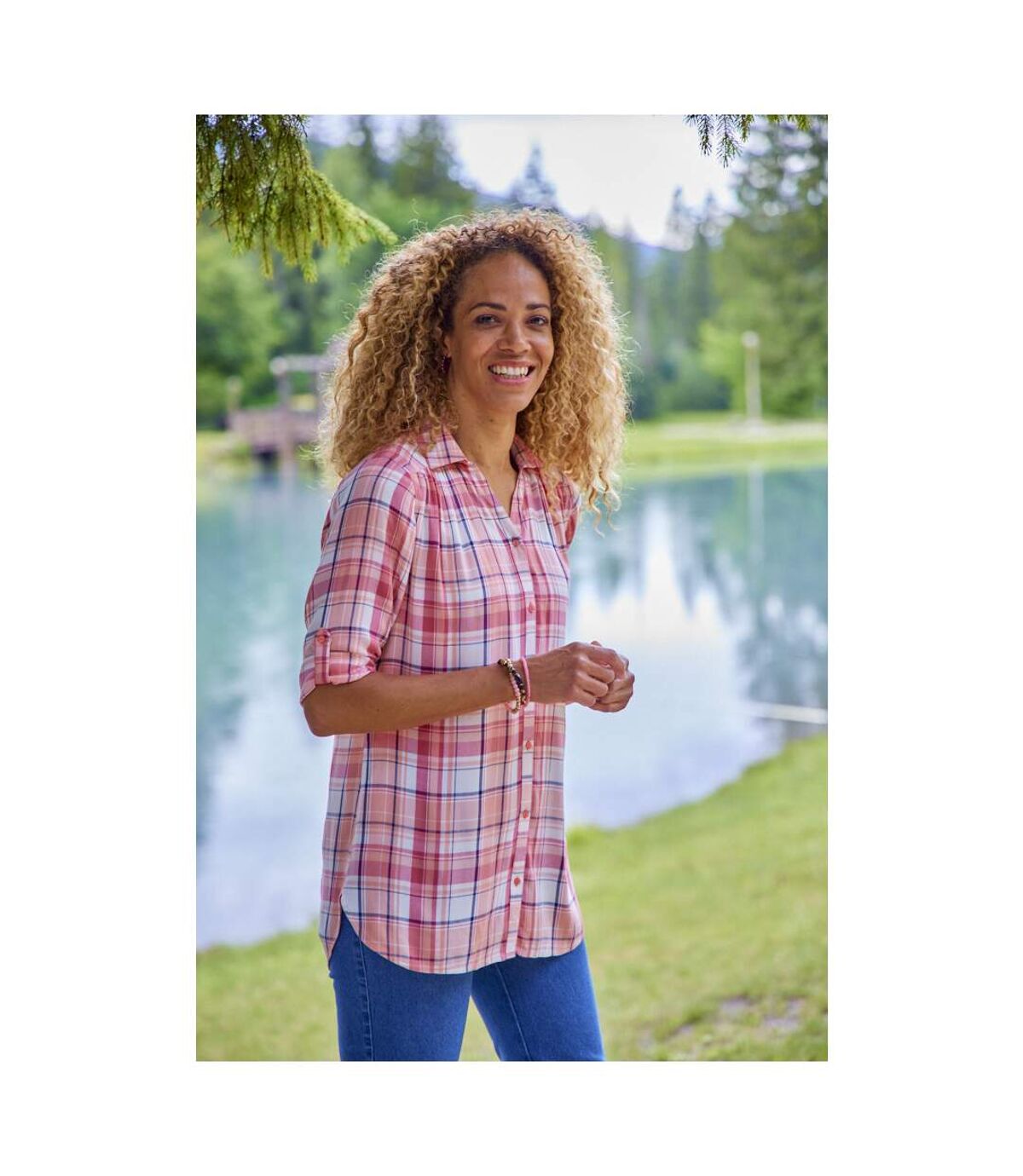 Women's Longline Checked Shirt - Coral Cream Red  Atlas For Men