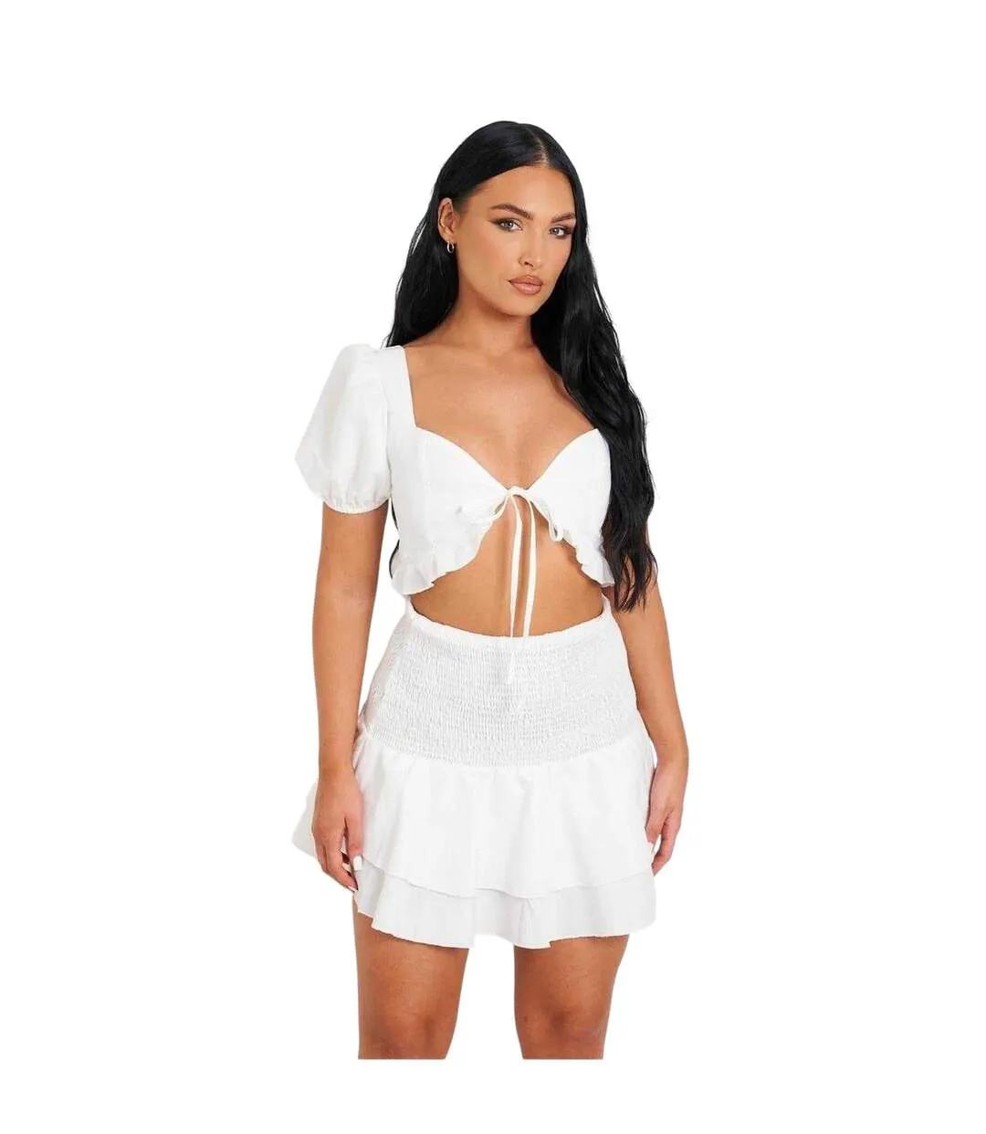 Womens/ladies Shirred Back Puff Sleeve Crop Top White Missy Empire-3