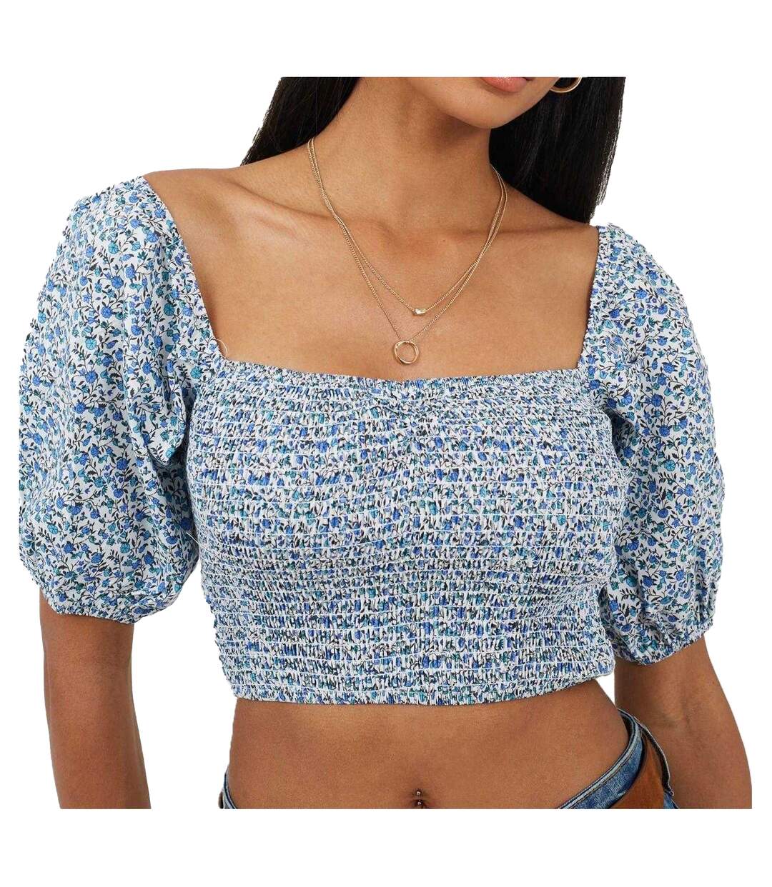 Womens/ladies Ditsy Floral Puff Sleeve Top Blue Brave Soul-2