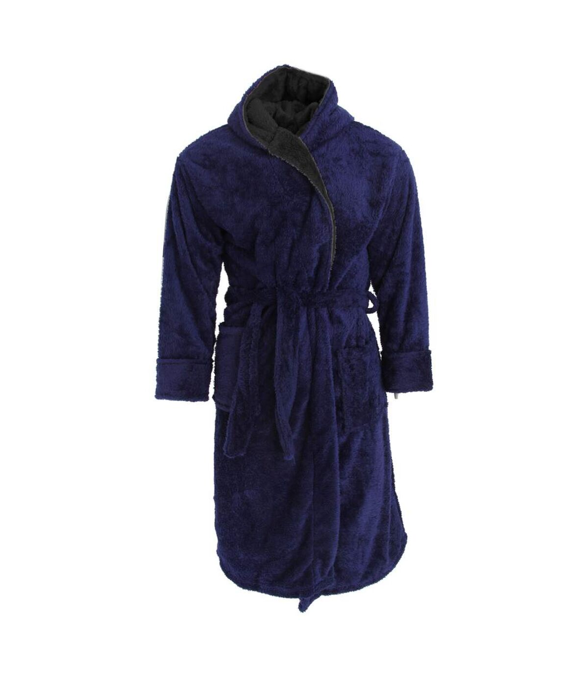 Harvey James Mens Soft Hooded Fluffy Dressing Gown (Navy/Grey)