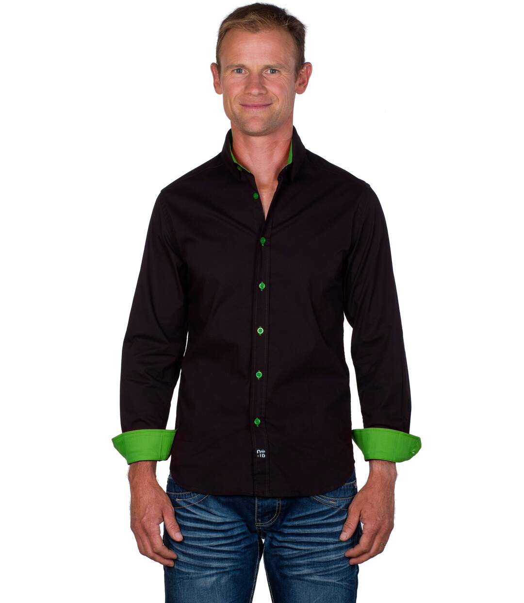 Chemise coton homme cintrée marron & vert anis Axel-1