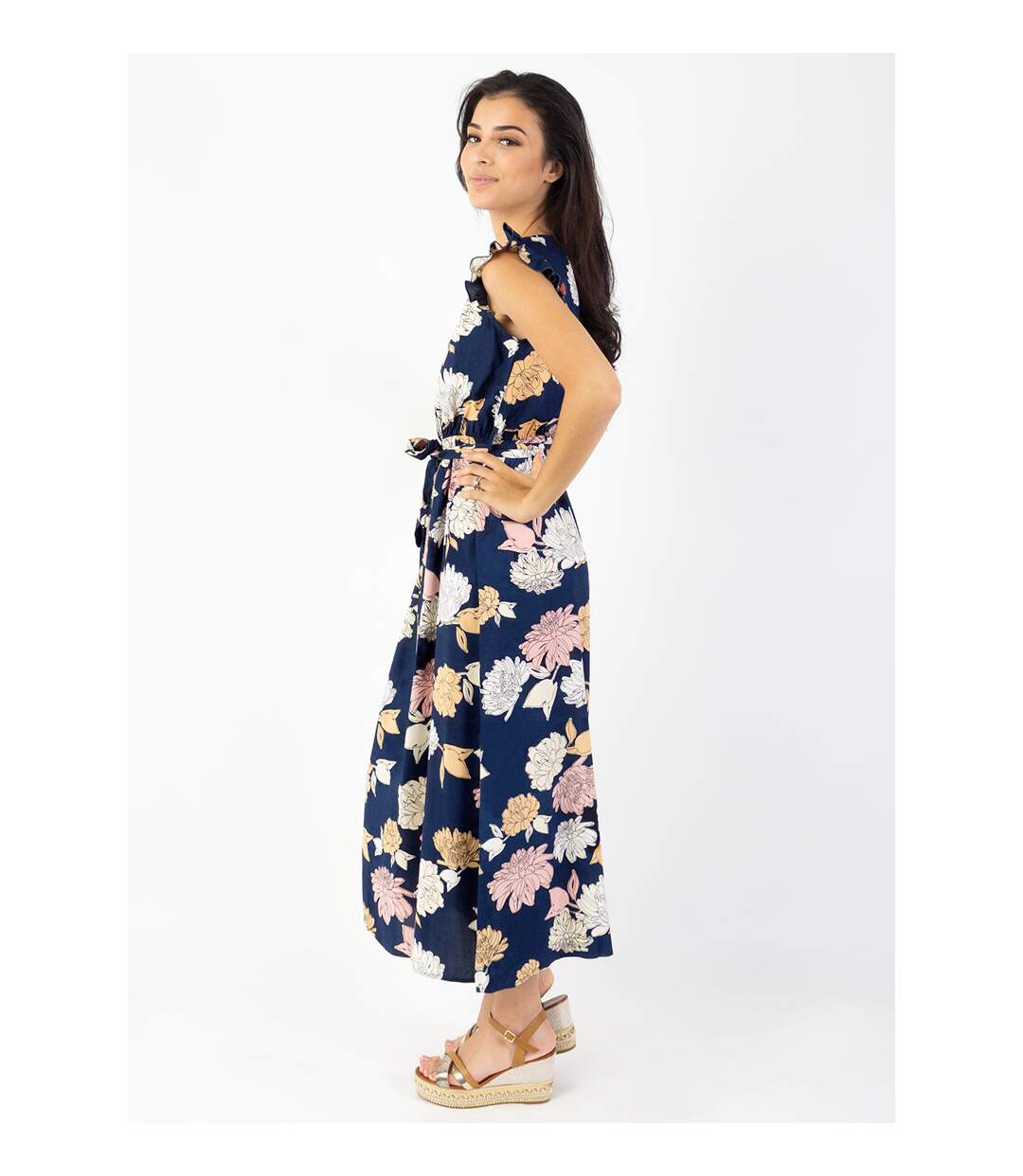 Robe longue manches volantées KAYLA fleurie bleue Coton Du Monde