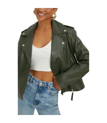 Womens/ladies leather cropped boxy jacket green Dorothy Perkins