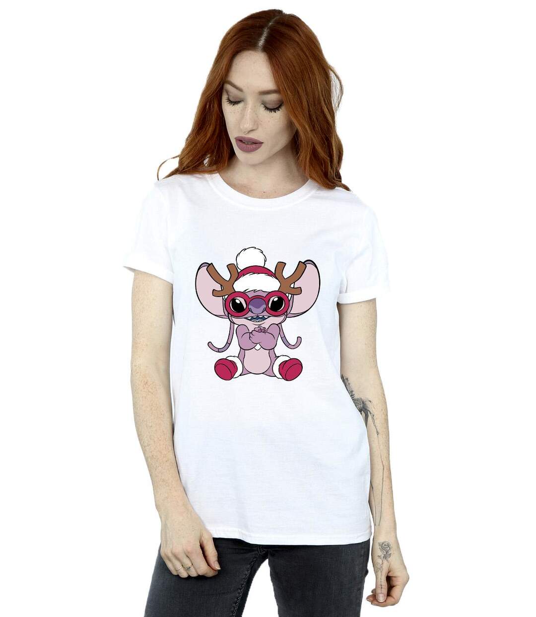Disney Femmes/Ladies Lilo & Stitch Angel Reindeer Cotton Boyfriend T-Shirt (Blanc) - UTBI30548-2
