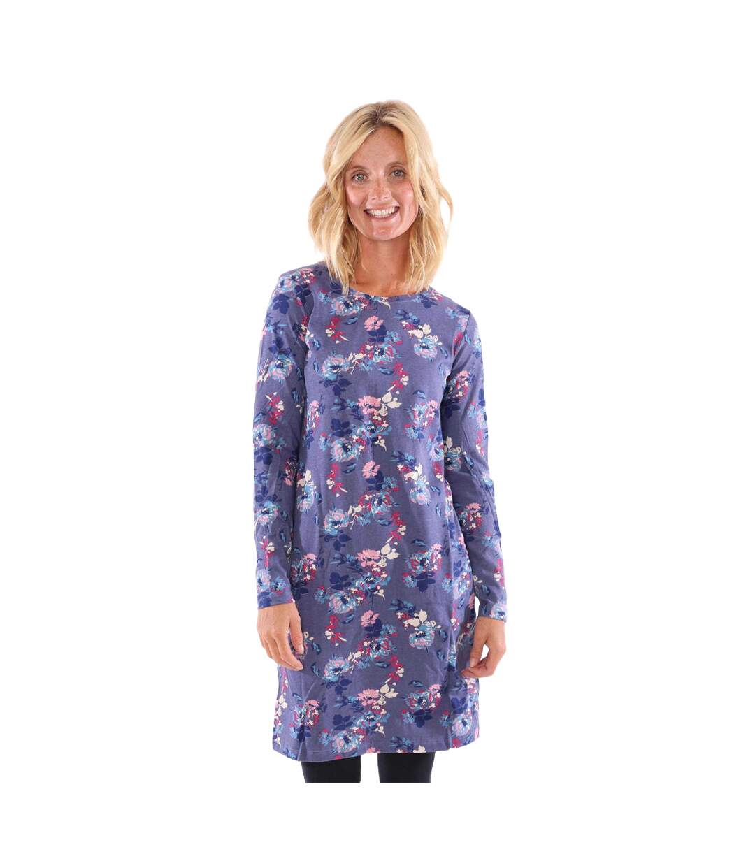 Womens/ladies Fleur All-over Print Long-sleeved T-shirt Dress Purple Lazy Jacks-4